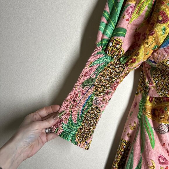 Farm Rio Mixed Fruits Mini Dress Womens Sz S Smocked Tropical Linen Blend Resort - Picture 5 of 12